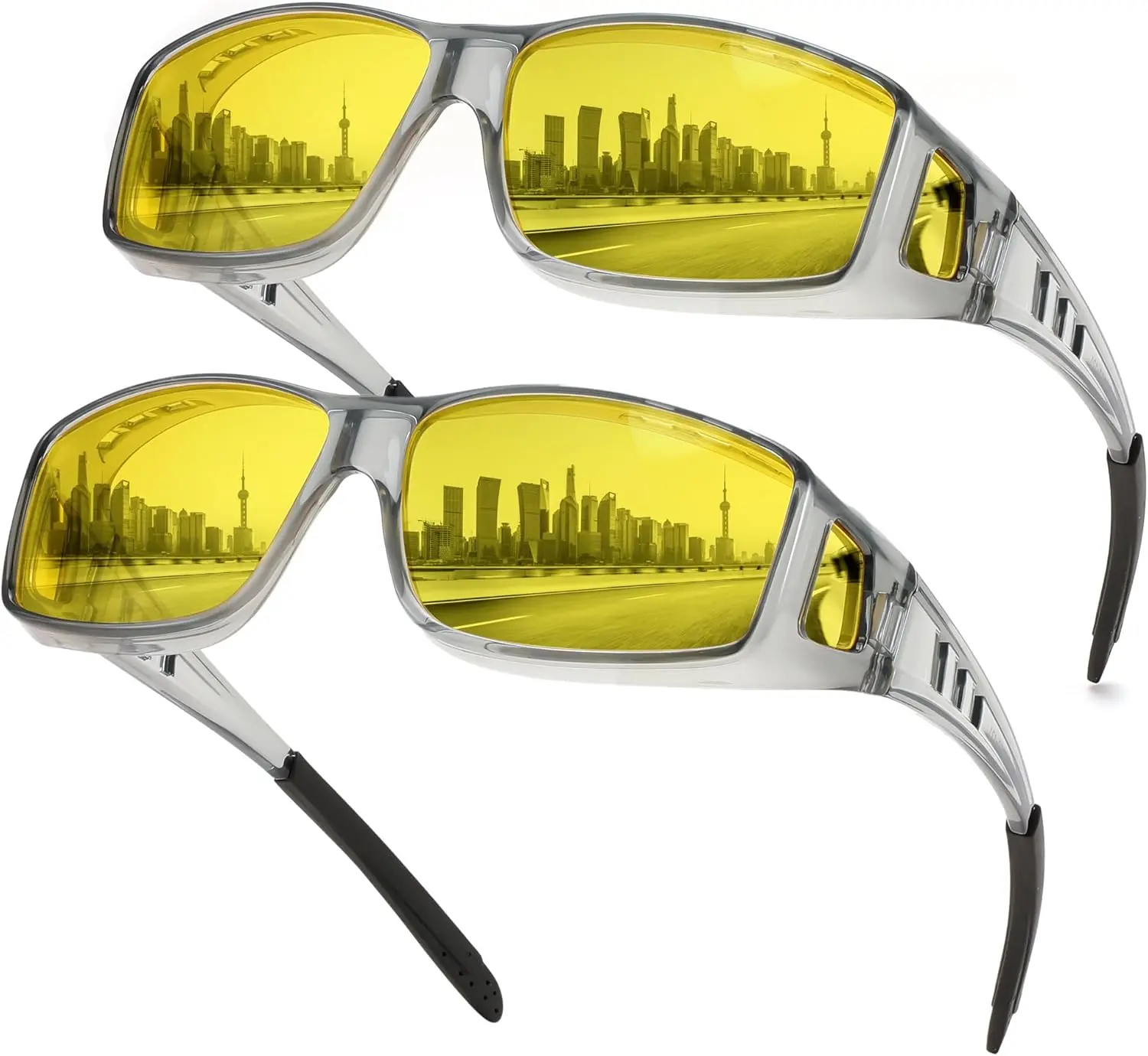 FEISEDY Night Driving Sunglasses Polarized Fit Over Sunglasses for Men, Yellow Lenses, Anti Glare Glasses Combo pack B0225