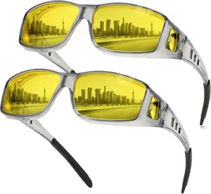 FEISEDY Night Driving Sunglasses Polarized Fit Over Sunglasses for Men, Yellow Lenses, Anti Glare Glasses Combo pack B0225