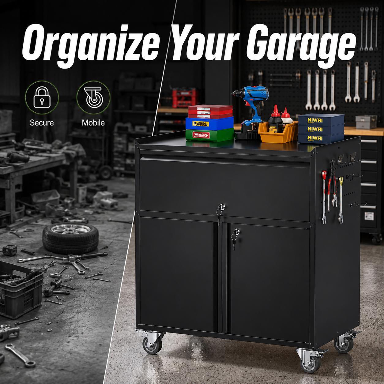Rolling Tool Cabinet with Wheels, Heavy Duty Metal Garage Storage Cabinet, Lockable Tool Chest with Drawer and Doors, Mobile Workbench Organizer with Side Pegboard Hooks, Utility Storage Cabinet for Tool Room, Workshop, Garage, Home Office, Repair Station
