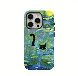This durable, shock-absorbing, glossy two-in-one phone case features a cat silhouette in a water lily pond. Suitable for iPhone 17, 15, 14, 13, 12, 11, X, and Samsung models. It's a great holiday gift for friends or family.