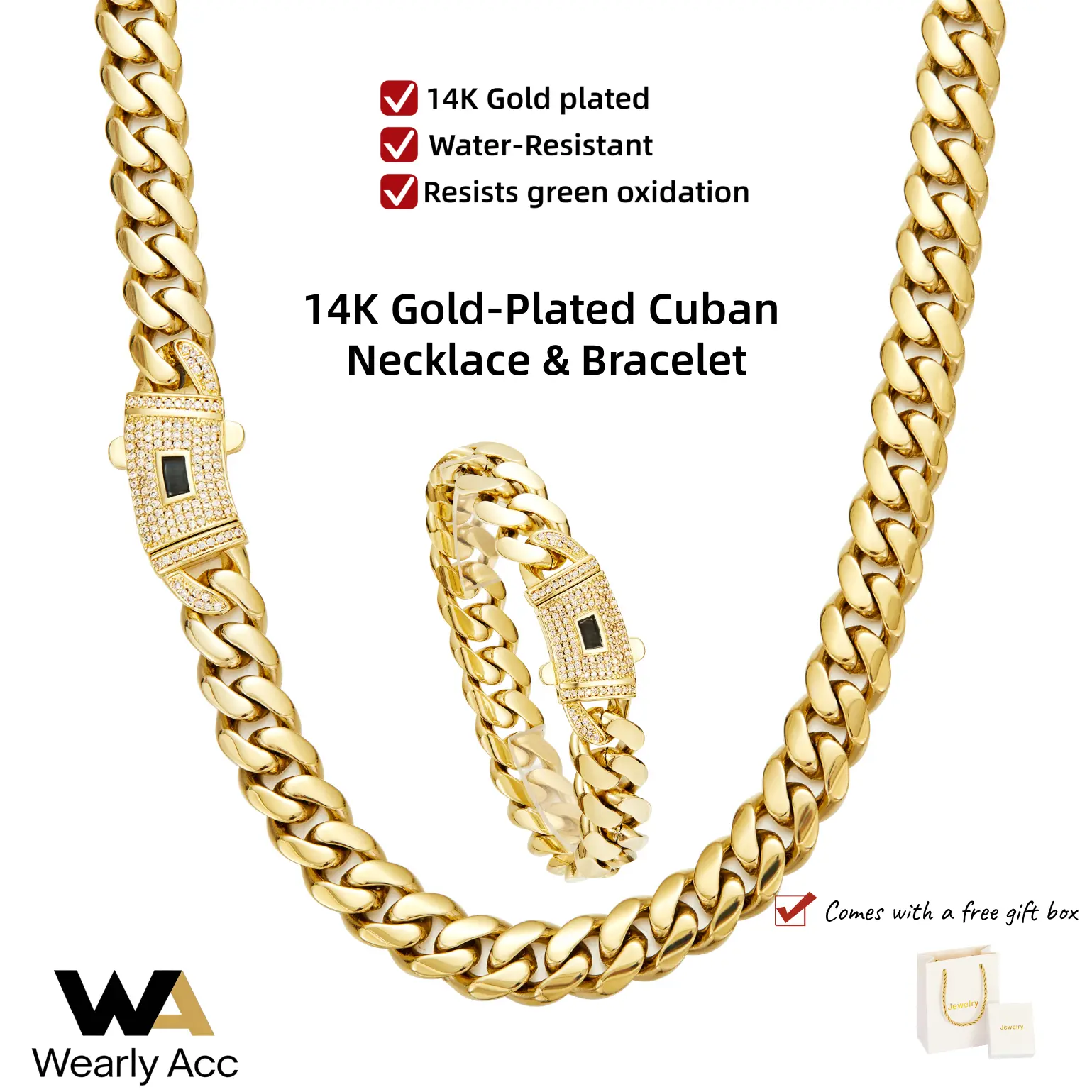 [Set] 14K Gold Plated Miami Cuban Link Necklace & Bracelet Set for Men Women, Stainless Steel Hip Hop Chain with Zircon Clasp, Waterproof & Tarnish Free, 6-14mm Width, Multiple Lengths, Top Gift Choice