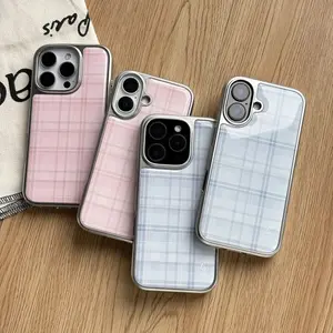 Korean Simple Pink Blue Plaid Grid Lines Acrylic Material Glossy Silver-Plated Phone Case for iPhone 12 13 14 15 16 17 Pro Max Smartphone Cellphone