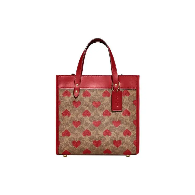 Coach Field 22 Tote Bag With Signature Canvas And Leather Trim, Featuring Heart Print, For Women, Small Size, In Brown-Red Color Combination Geometric Pattern Tote Stylish Square Bag