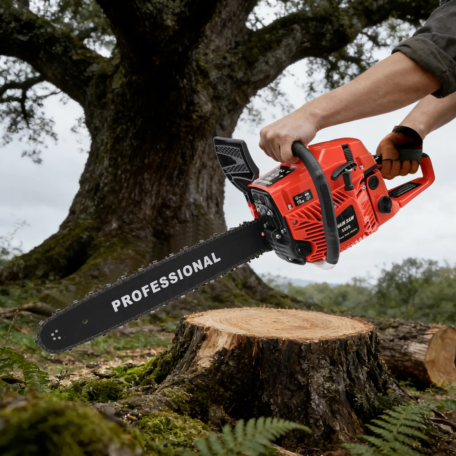 58cc Gas Chainsaw 2.6KW 20 Inch Bar, Red Black 2 Stroke Hand Pull Saw for Wood Cutting Tree Pruning, 10500rpm Manganese Steel Chain
