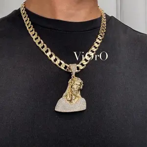 14K Gold Plated Cuban Link Chain with Jesus Christ Pendant. 10mm Beautiful Chain with Zircon Plated Pendant. Electro-Laminated Jewelry. Every Day Use Premium 14K Gold Plated