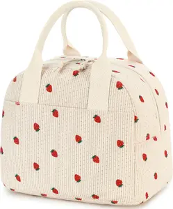 Insulated Strawberry Lunch Bag for Women, Stylish Corduroy Tote with Aluminum Lining, Large Capacity Reusable Cooler for Work, Travel, Beach or Picnic, Beige Cream Water-Resistant Lunch Box