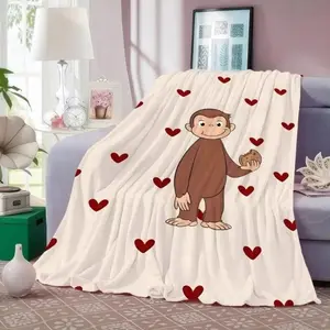 Curious George Inspired Summer Cooling Blanket Cute Cartoon Monkey Heart Pattern Ultra Soft Lightweight Flannel Throw Skin Friendly Cozy Blanket for Bedroom Sofa Travel Kids Room Decor Gift for Fans Summer Vibes Style