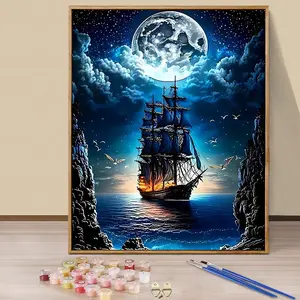 Paint By Numbers Kit for Adults Beginners - 16x20in/40x50cm Color Canvas, Easy DIY Moonlit voyage Acrylic Painting Set - Wall Decor for Living Room and Bedroom, Creative Gift for Birthday, Mother's Day and Christmas, Without Frame