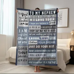 Gift for Nephew Emotional Quotes Flannel Blanket - Soft, Warm, Fashionable Light Blue and Grey Decorative Pattern Blanket, Perfect for Sofa, Bed, Office, and Travel Blankets - Gift Blanket for Nephew's Birthday or Festival, Slogan Print Blanket