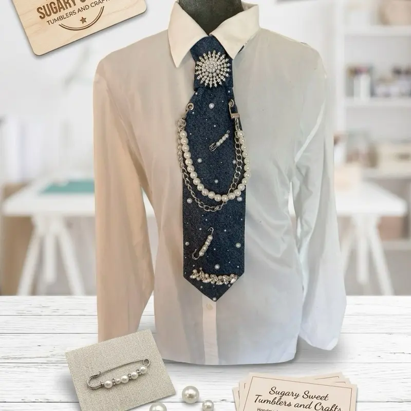 Denim Statement Tie Necklace with Pearls & Rhinestones | Handmade Upcycled Jean Tie