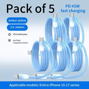Kaxoe Ice Transparent Gradient Nylon 2.0M Extra Long Cable 5 Pack Fast Charging Data Transfer Durable Heat Control Portable for iPhone 15-17