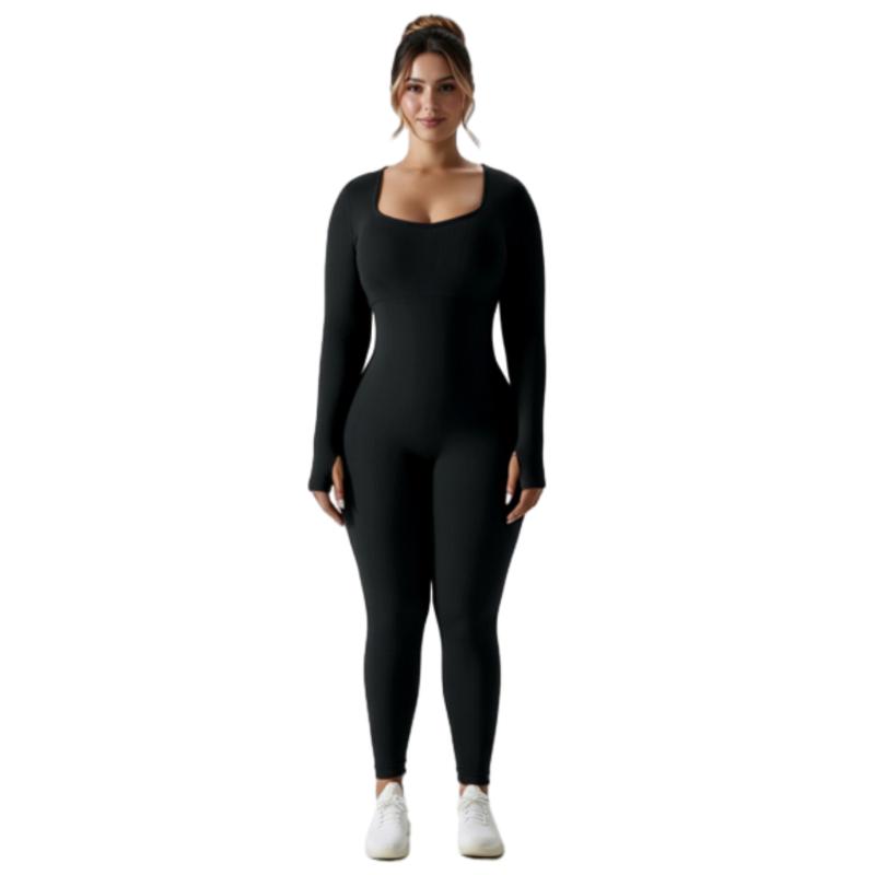 Women's High-Waisted Yoga Bodysuit Quick-Dry Long Sleeve Workout Top with Removable Pads High-Elasticity Slim Fit for Running Gym & Training Solid Black All-Season Fitness Apparel Tummy Control Jumpsuit Stylish Activewear