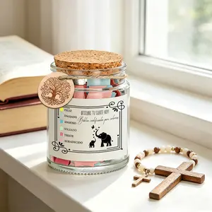 1 Set Spanish Emotional Bible Verse Jar with Color Coded Scripture Cards, Inspirational God’s Word Notes in Spanish for Different Moods, Christian Religious Gift, Elephant Print & Tree of Life Charm, Cork Lid Glass Prayer Jar