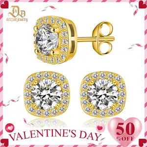 Delzzad 18K Gold-Plated Halo Square Stud Earrings Synthetic Moissanite Earrings S925 Stud Birthday Anniversary Mother's Day Christmas Gifts for Men Women