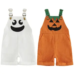 Kids Toddler Baby Boy Girl Halloween Overalls Jumpsuit with Pockets Ribbed Pumpkin Devil Face Sleeveless Jumpsuit Suspender Shorts