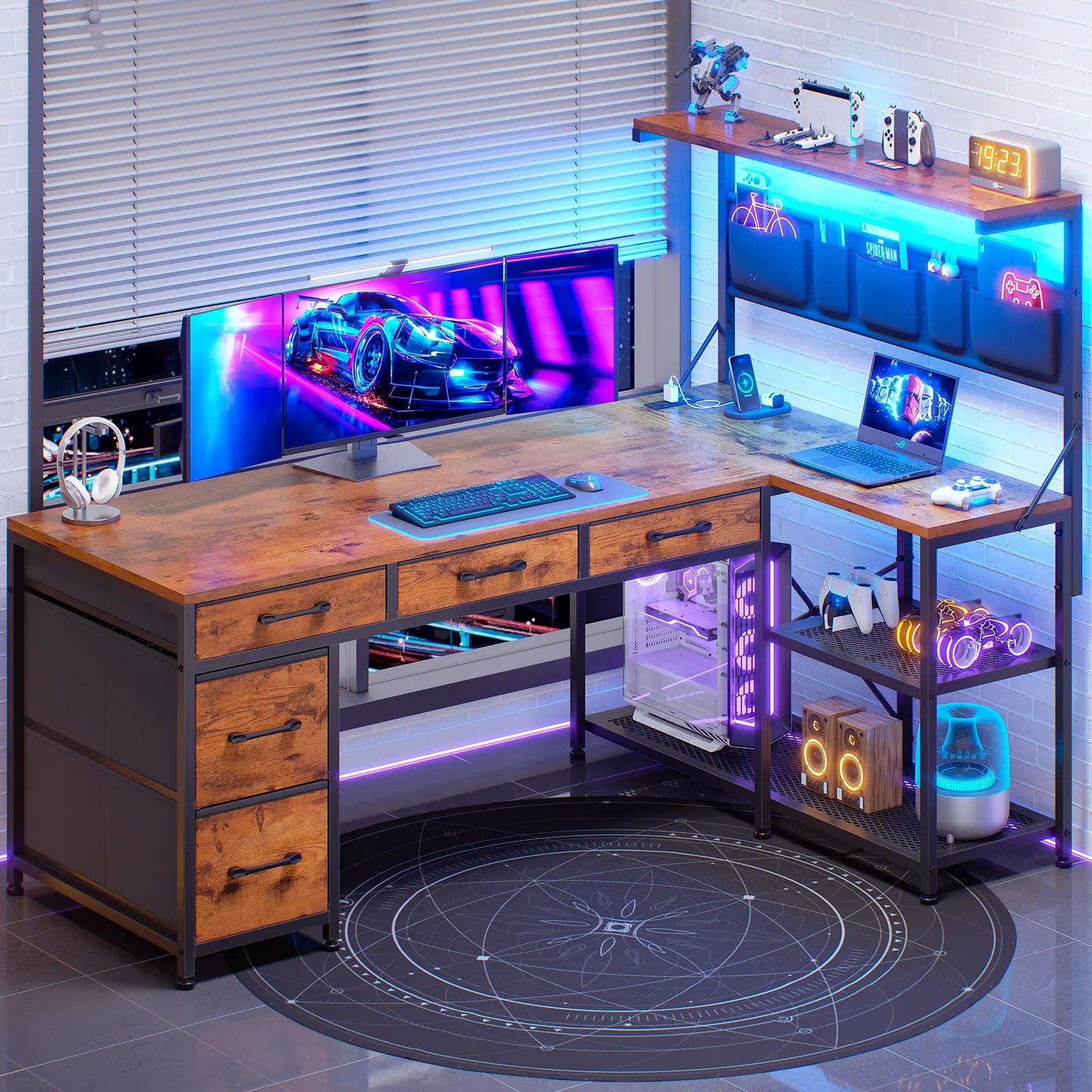 Sedeta 47-in Modern L-Shape Corner Gamer Desk - 120x45cm Shaped Computer Table, Rustic Office Furniture, Sturdy Base, Drawers, LED Lighting, Gaming Organization Solution, Shaped Desk Sedeta 47-in Modern L-Shape Corner Gamer Desk - 120x45cm Shaped Computer Table, Rustic Office Furniture, Sturdy Base, Drawers, LED Lighting, Gaming Organization Solution, Shaped Desk