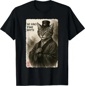 Ni Hao Fine Shyt Funny Meme Cat Sumi-e Japanese Art T-Shirt Pure Cotton Graphic Tees Menswear Top: Gifts for Men & Women