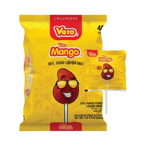 Vero Mango Flavored Lollipops with Chili Powder Coating (40 Count) Sweet, Spicy Snack Candy Bonbon Mangga, Dulces Mexicanos