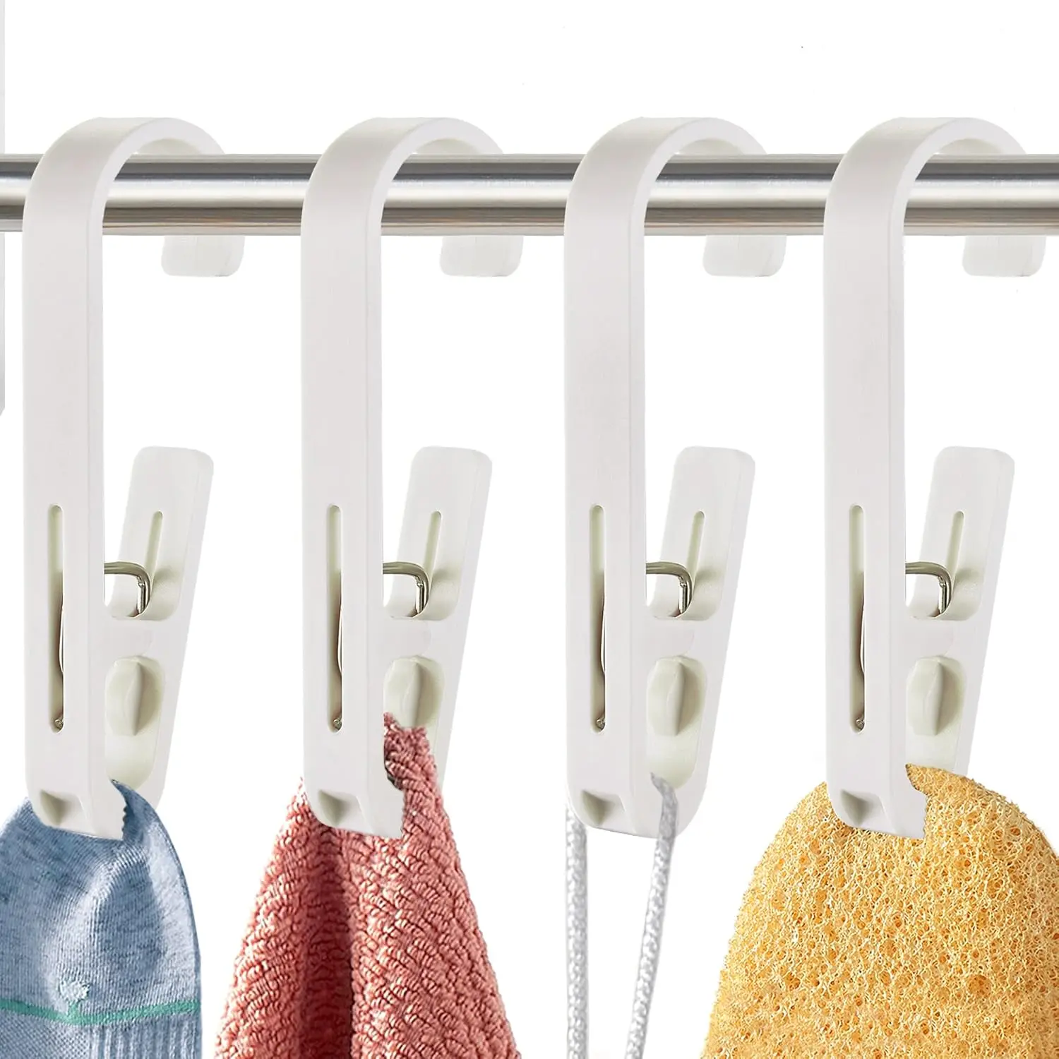 ABS Plastic 2-in-1 Laundry Hooks with Clips - 4Pcs White Space-Saving Hanger Closet Organizer, Damage Resistant, Easy Installation, for Kitchen, Multiple Rooms, Hanging Socks, Bras, Towels