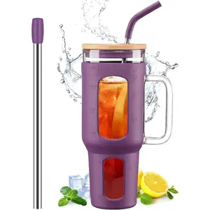 Glass Tumbler with Lid and Straw, 46 oz Iced Coffee Cup with Handle, Glass Water Bottles with  Sleeve, -Dark Purple