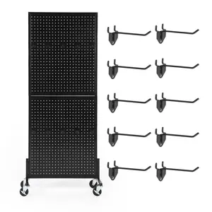 Garvee 2'X5' Standing Pegboard Display with 10 Hooks, Metal Peg Board Display Rack with Heavy-Duty t-Base, Floor Standing Adjustable Pegboard Organizer for Retail, Vendor, Tool Shop, Craft Show, Black