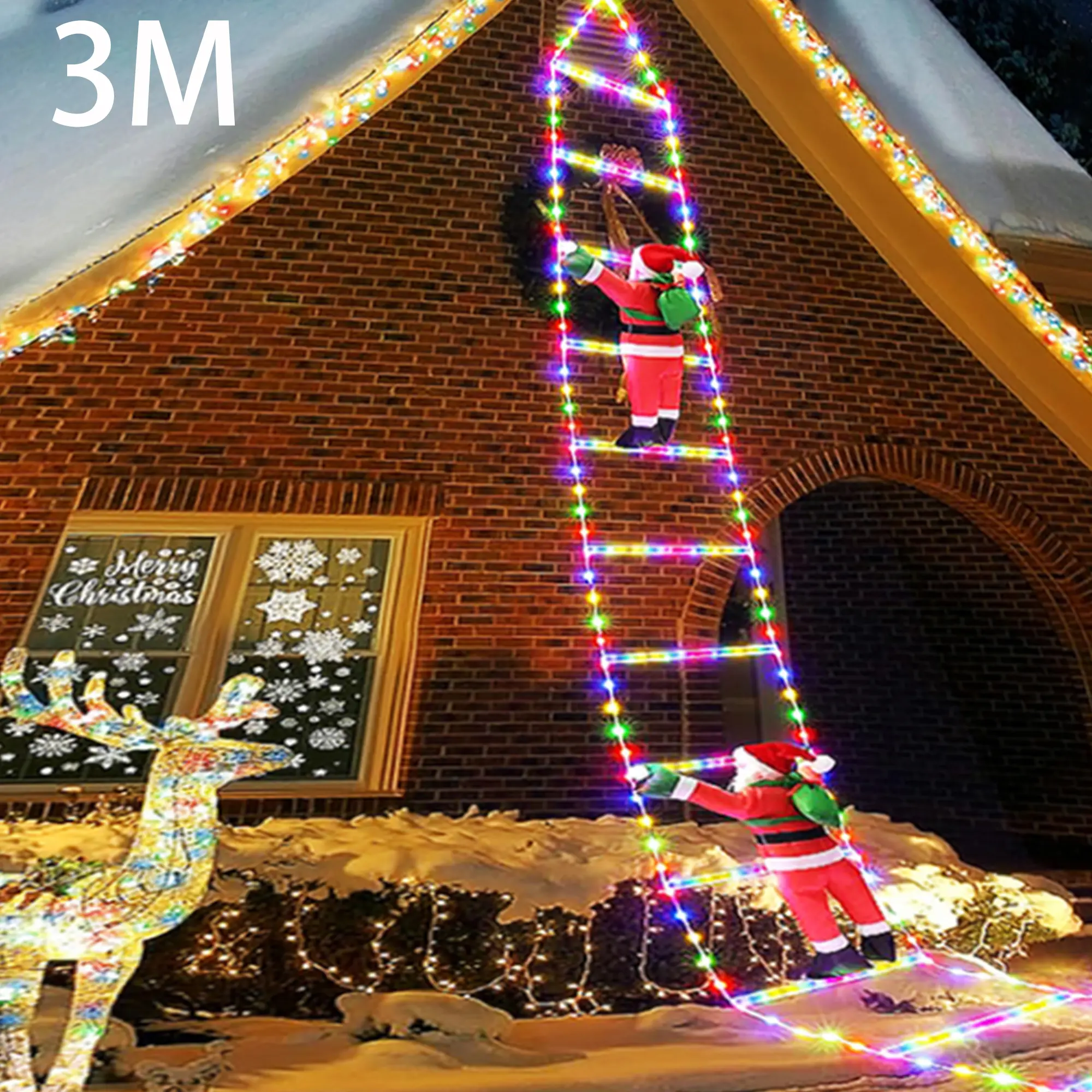 Christmas LED Hanging Lights with Santa Claus Climbing 3m Glowing Rope Ladder, Waterproof Battery Powered Decoration with 8 Modes & Timer, Indoor Outdoor Holiday Gift