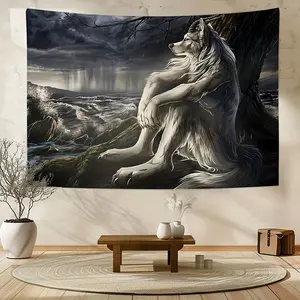 1 interesting alpha coefficient sigma beta wolf tapestry, interior wall hanging emo white wolf sitting sad tapestry mural decoration home decoration tapestry