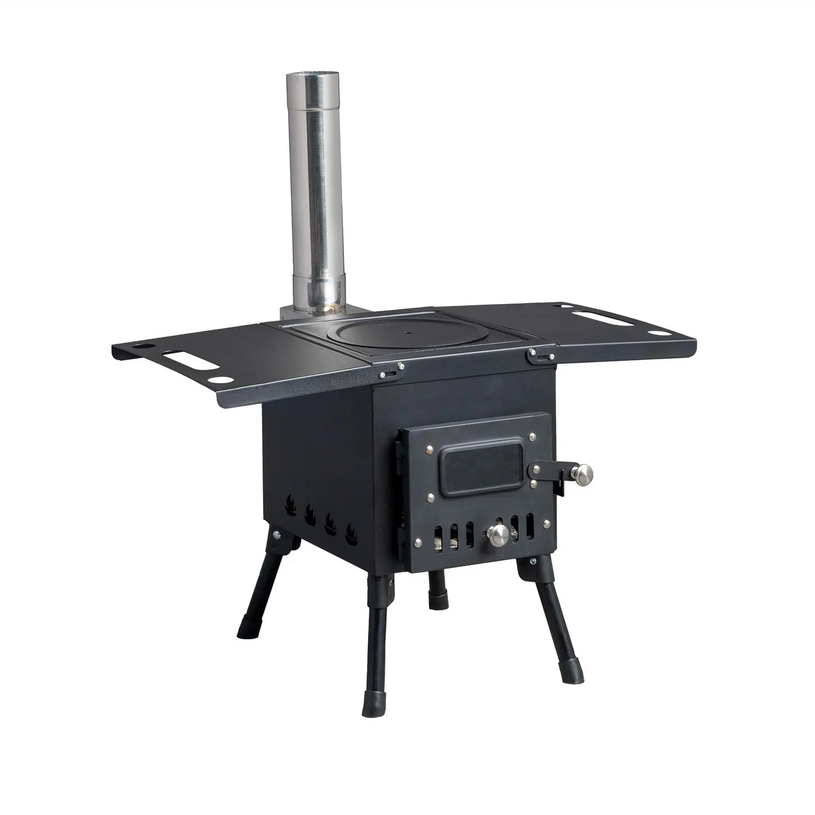 Black Iron Body Portable Compact Fold Camping Wood Stove - Outdoor Cooking Station with Chimney, Foldable Legs, Side Trays, Adjustable Vent, Functional Stove for Camping, Hiking