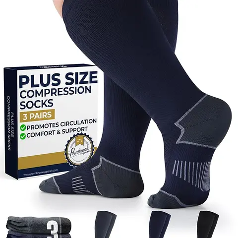 Pembrook Women's Plus Size (2XL) 3-Pair Knee-High Wide Calf Compression Socks - 20-30mmHg Moisture Wicking Stretchy Spandex, Graduated for Tired Legs Relief, All Seasons Use for Long Days on Feet, Gym & Work