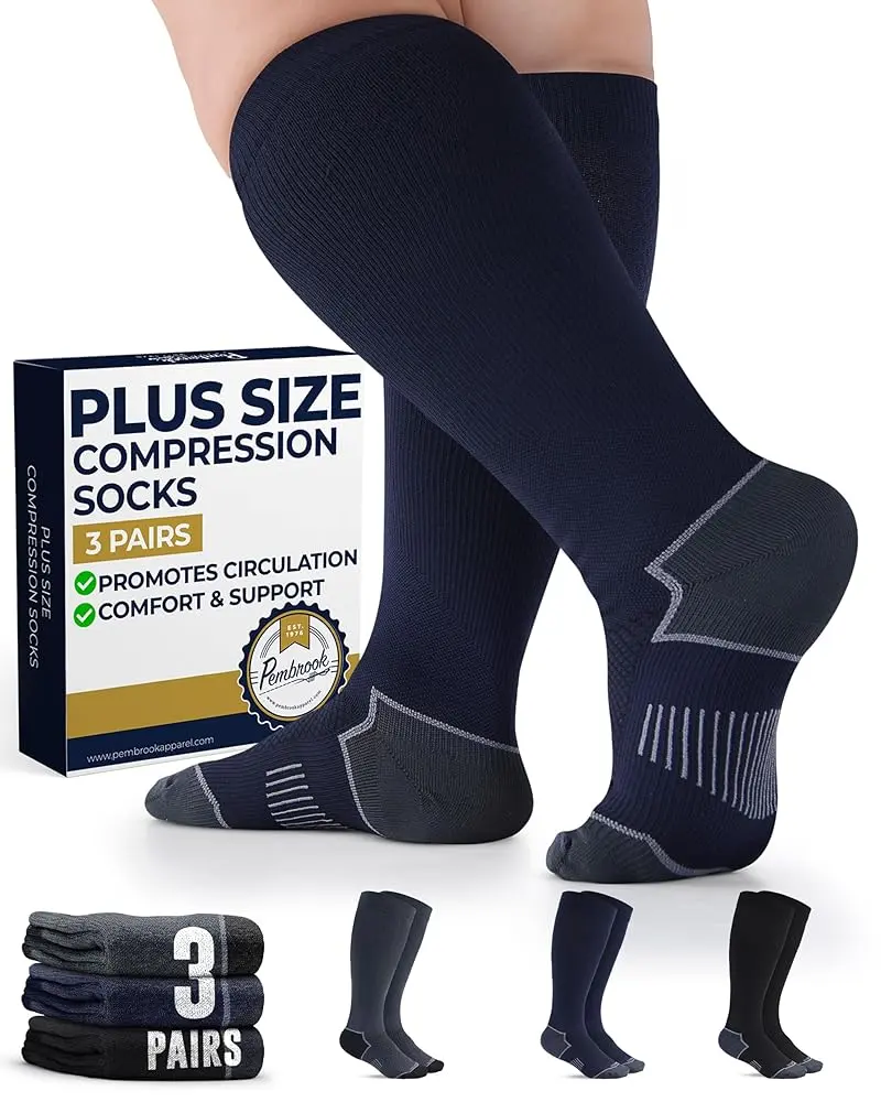 Pembrook Plus Size Wide Calf Compression Athletic Socks - 3 Pairs, 20-30mmHg, Workout Socks for Travel & Running Support