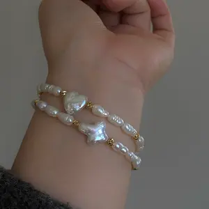 Baroque Pearl Heart Cross Bracelet - Minimalist Jewelry Gift for Her Shower, Dainty Layering Design
