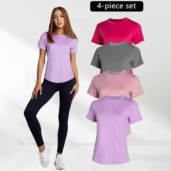 Women's Patchwork Round Neck Flat Shoulder Short Sleeve High-Elastic Soft Yoga T-Shirts, 4-Pack Athletic Activewear for Yoga, Gym Training, Workout Sets Women, Women's Tops