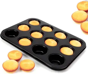 Round Muffin Baking Pan of 12 cup,Bakeware Cupcake Pan,Great for Making Muffin Cakes, Bread,Tart(12 Cups Black,1PCS)