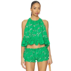 AKNVAS Mika Guipure Lace Halter Top in Green