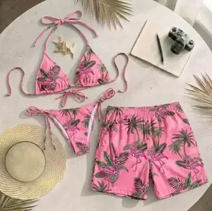 [Hot Summer 2026] - Matching Couple Beach Outfit Set – Sunset Tropical Bikini & Men Swim Shorts, Summer 2026 Vacation Look