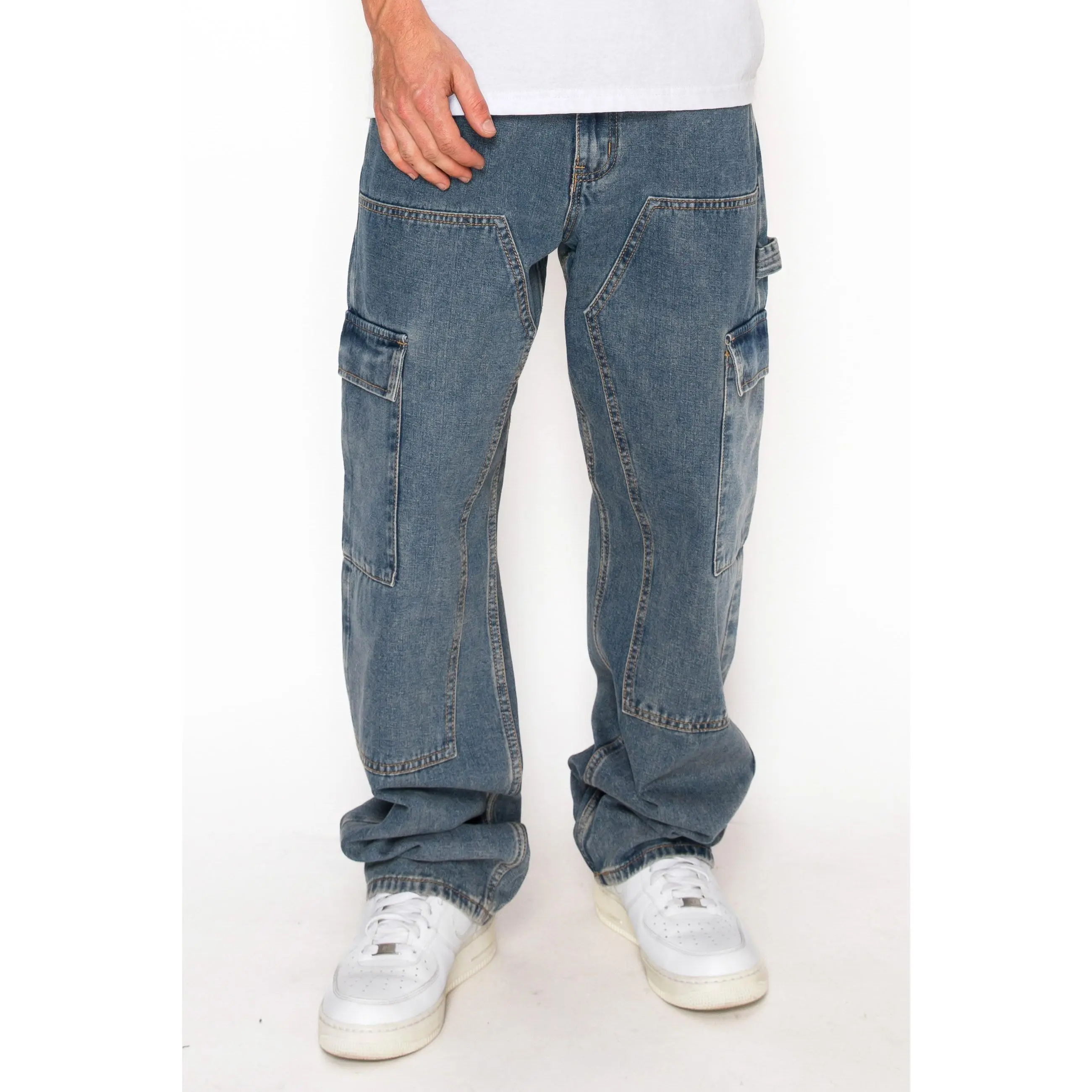 VICTORIOUS Men's Cotton Baggy Fit Cargo Carpenter Denim Pants - Menswear Workwear Plain Bottoms, Baggy Jeans, 100% Cotton Denim, 90S Baggy Vibe