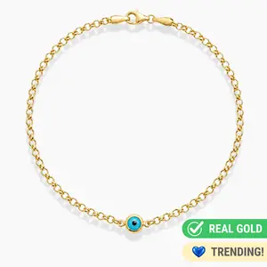 14K YELLOW GOLD FLOATING TURQUOISE EYE CHARM ROLO BRACELET