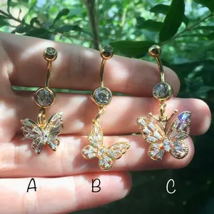 18k Gold Zircon Crystal Butterfly Belly Button Ring