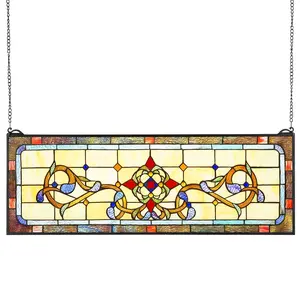 VEVOR Stained Glass Window Panel, 32" x 11" Tiffany Style Hanging Transom Window Panel with Chain, Large Horizontal Rectangle Stain Glass, Vintage Traditional Art Handcrafts for Kitchen Home Decor