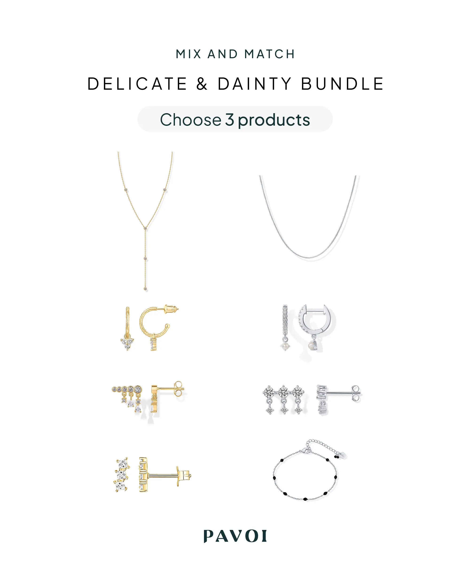 PAVOI 14K Gold Plated Dainty Jewelry Bundle – 3-Piece Sets for Women Huggie Hoop Earrings, CZ Ear Crawlers, Simulated Diamond Necklace or Bracelet – Build Your Own Tiktok Bundle