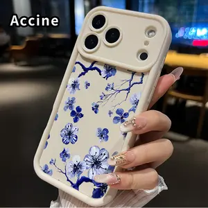 Blue blossom grace Pattern TPU Phone Case for iPhone 17 Pro Max 16 15 14 Plus 13 12 Mini 11 XR X XS Air E Shockproof Non Slip Military-Grade Protection Silicone Cover Smartphone Casing