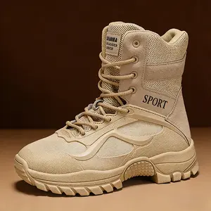 High-top security boots, black Oxford cloth mesh lining, synthetic leather upper, PU rubber outsole, suitable for men's outdoor activities and security work.