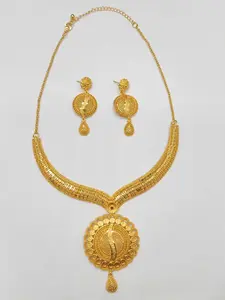 Classic 24k Arabic Luxury Necklace Earrings Set, Elegant Women's Jewelry, Leaf Print Design, All Seasons Wear, Teardrop Jewelry Set