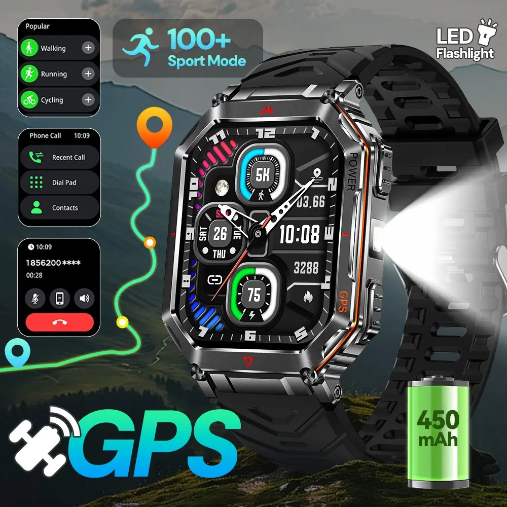 Outdoor GPS Smartwatch, 2.01-Inch HD Display, 100+ Sports Modes, Full Metal Design, Altitude Barometer Compass, Ai Voice Assistant, Compatible with iPhone and Android