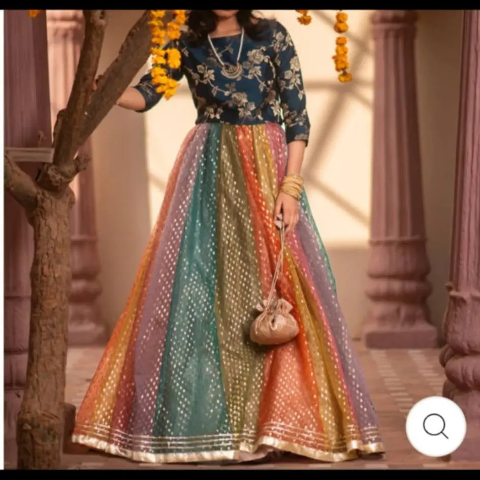 Women's Lehenga Choli, Multi-Color Zarin Organza 3-Piece Festive Wear Set with Fitted Brocade Blouse, Shawl with Silver and Golden Gotta Trim, 44-46 in, Accessories