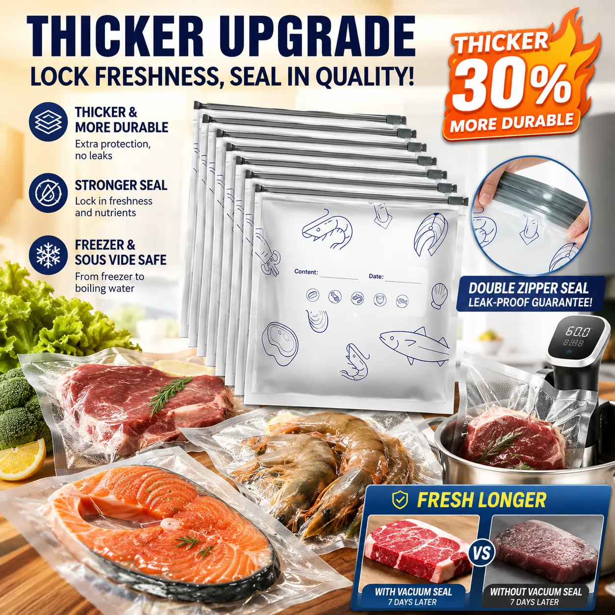 Upgraded Reusable Stand-Up Foil Storage Bags with Zipper & Labels, Thick Leakproof Food Saver Bags for Meat, Fruits & Vegetables, Washable Kitchen Organizer for Fridge & Freezer
