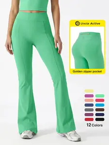 Uncia Active Women's 29.5 In High Waist Gold-Colored Zippered Pocket Flare Leggings - Elastane, Fitted Minimalist Bridal Basic Activewear for Yoga, Fitness, Summer Wins, Try it Womenswear Bottoms