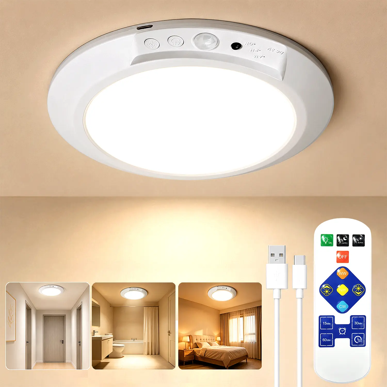 SEGRASS Rechargeable Adjustable Motion Sensor Ceiling Light - Magnetic Wireless Indoor Wireless Lamp with Remote, Battery-Powered Interior Light for Closet, Garage, Bathroom, Wall Lights