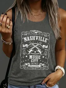 Vintage Nashville Music City Graphic Tank Top - Y2K Country Concert Sleeveless Tee, Breathable Cotton Blend, Summer Western Streetwear, Retro Guitar Print, Festival & Casual Top for Women, Loose, Lightweight & Soft Fabric, Womenswear