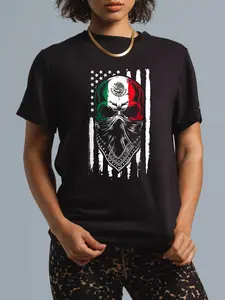 100% Cotton Unisex Skull Patriotic Mexican American Aztec Day of the Dead T-Shirt